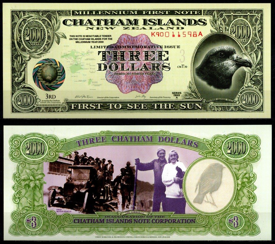Острова Чатем 3 доллара 1999 фантезийная банкнота пластик UNC (пресс) 2198-34-1-1