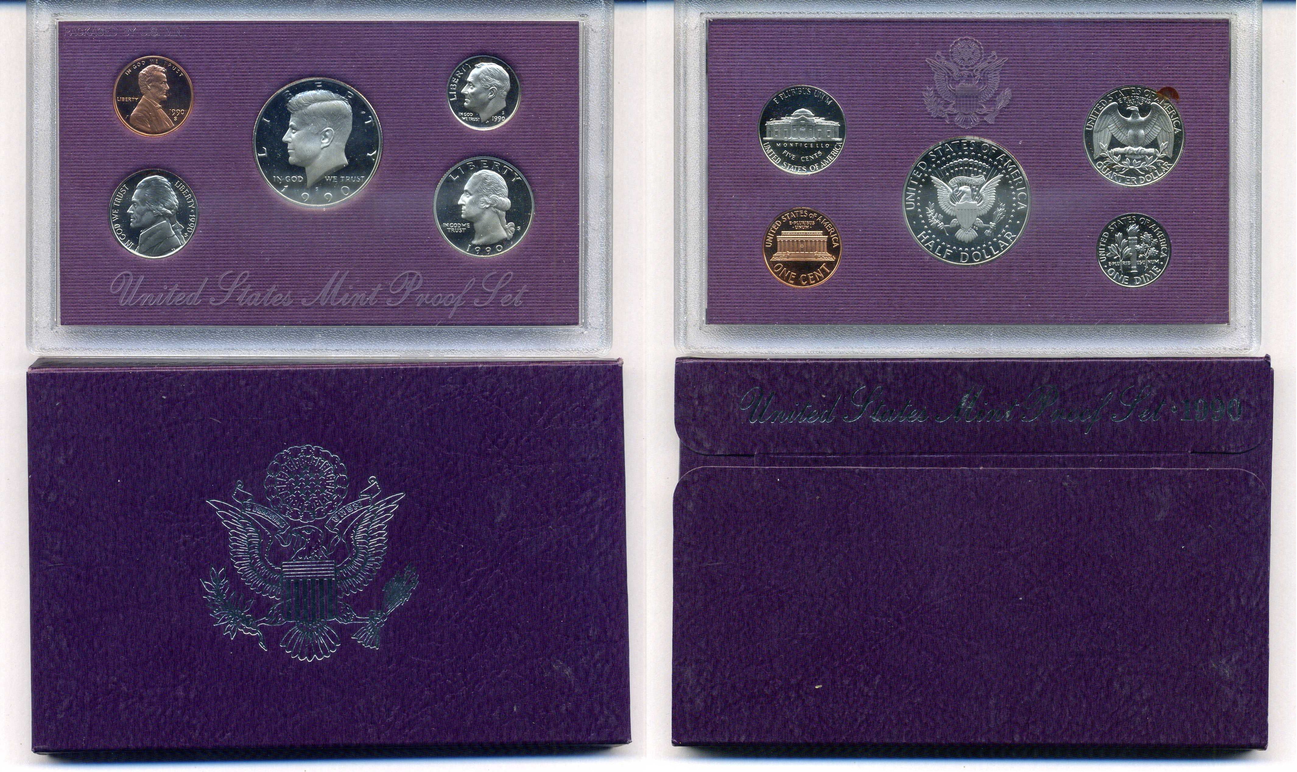США годовой набор из 5 монет (1, 5, 10, 25 и 50 центов) 1990 в оригинальной упаковке KM PS163 (164a, A192, 195a, 201b и 202b) PROOF 8-2-02-38
