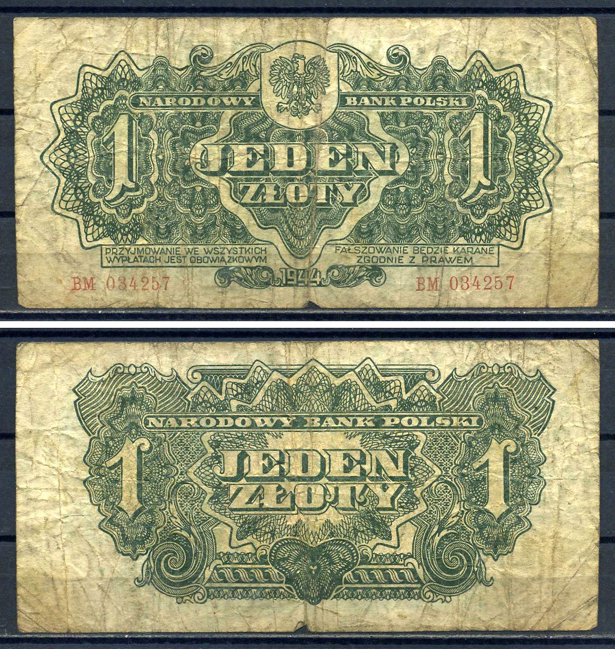 Польша 1 злотый 1944 Pick 105 a бумага 8621-33-1-2
