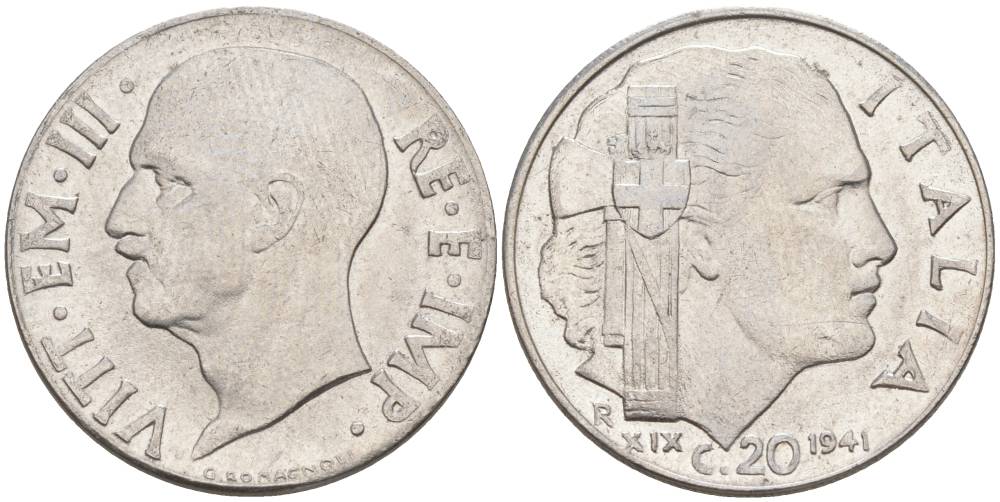ИТАЛИЯ 20 ЧЕНТЕЗИМО 1941 R, ГОД XIX, ВИКТОР ЭММАНУИЛ III (1900-1946) KM 75b, VEM3. 1028 нержавеющая сталь 3853-1146