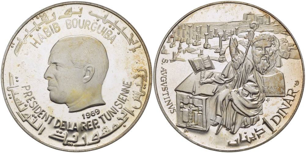 Тунис 1 динар 1969 Хабиб Бургиба, святой Августин KM 296 серебро PROOF 00-00-00