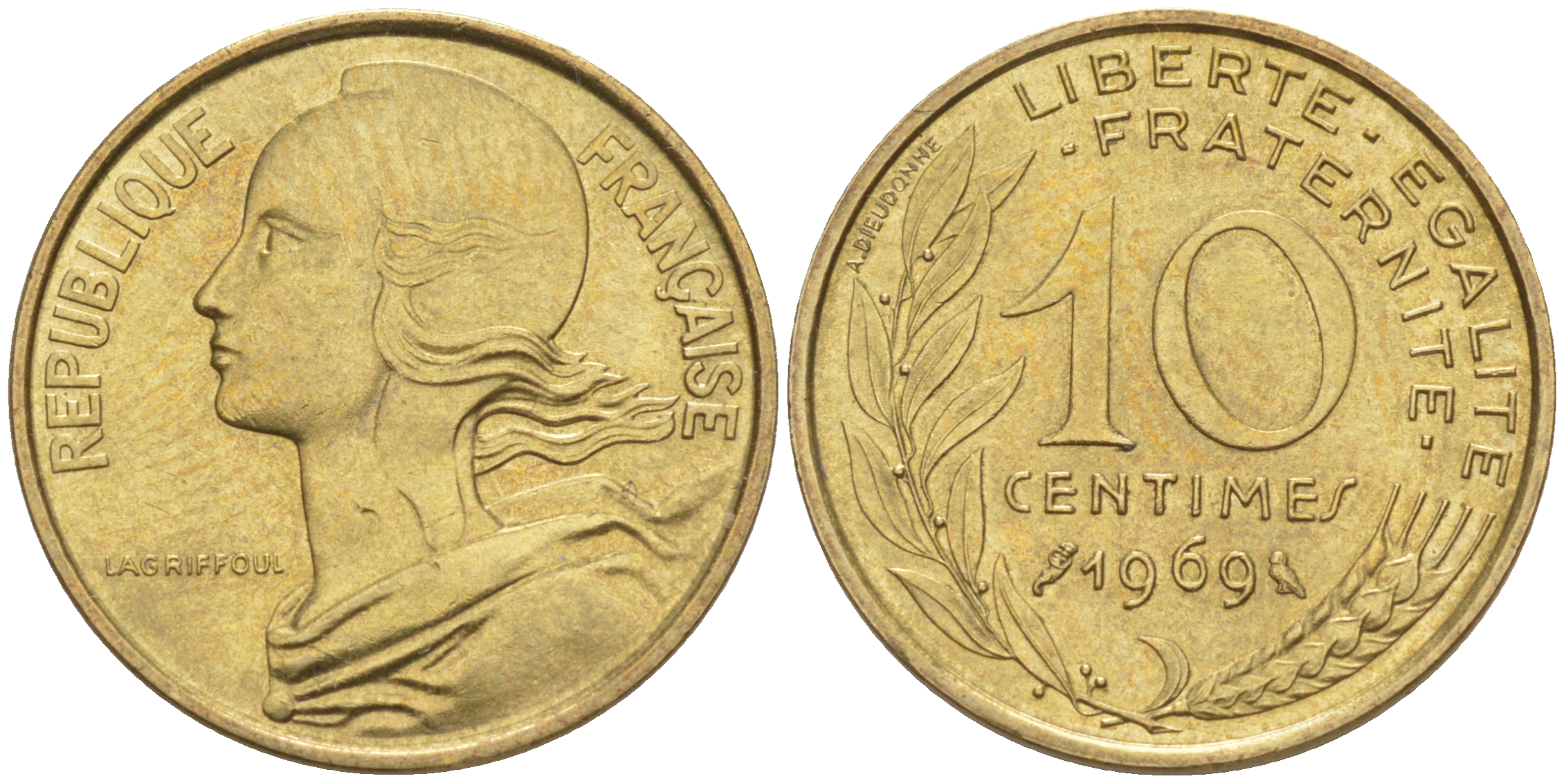 Франция 10 сантимов 1969 ТИП MARIANNE KM 929, le Frank 144.9 медь алюминий никель 105-442