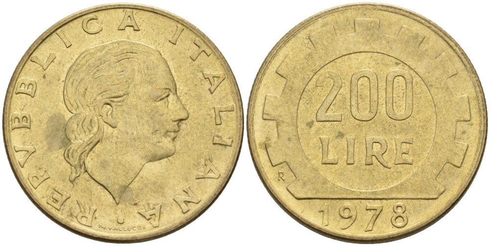 Италия 200 лир 1978 R, шестерня KM 105 алюминиевая бронза 86-1825