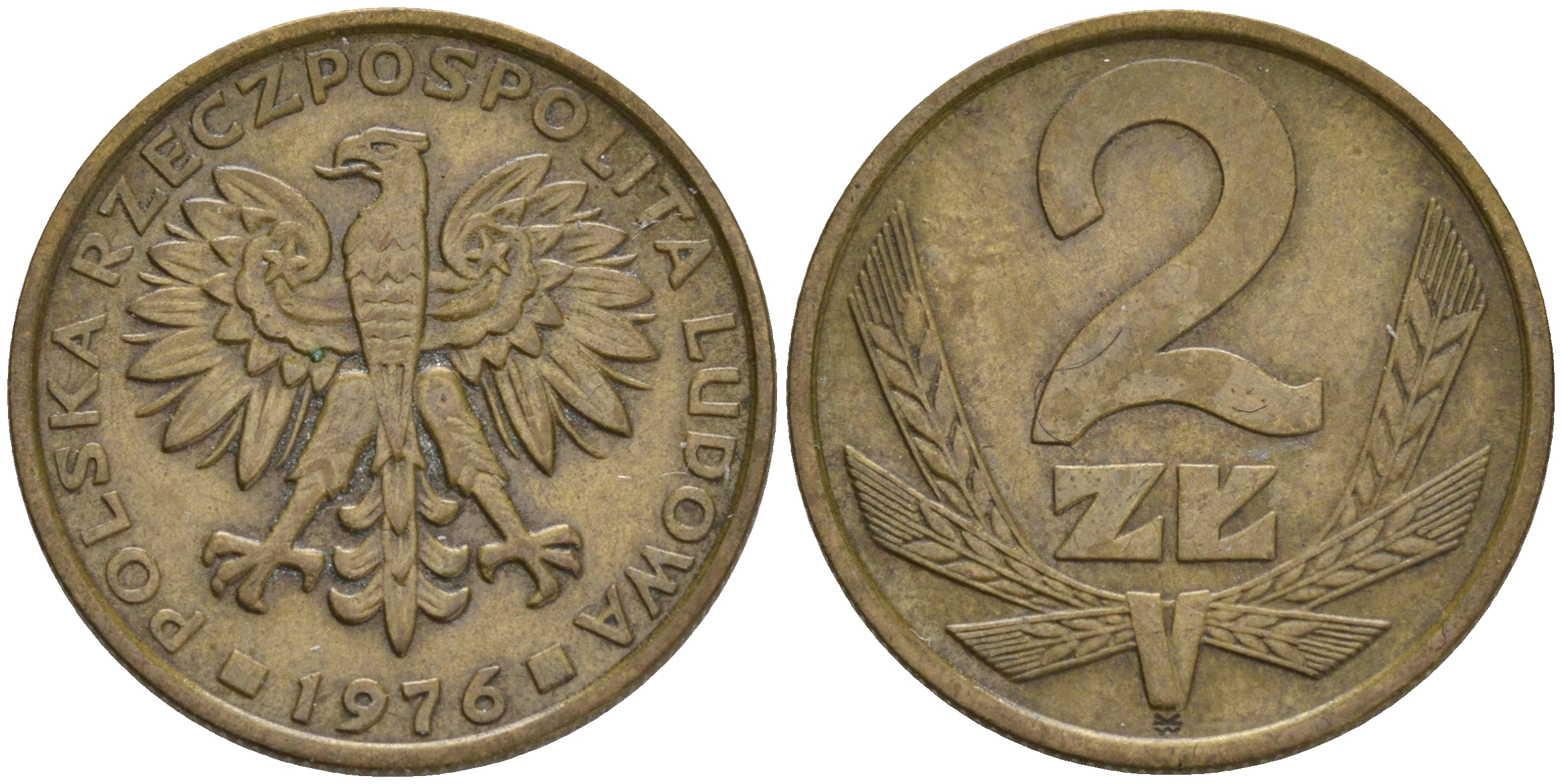 Польша 2 злотых 1976 Ленинградский монетный двор (ЛМД) KM 80.1, Parchimowicz 217b латунь 192-841