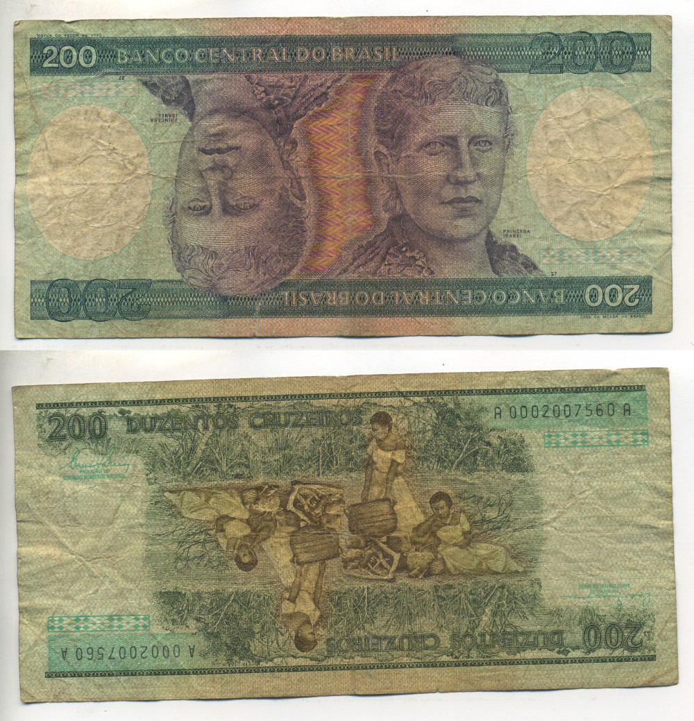 БРАЗИЛИЯ 200 КРУЗЕЙРО 1981 ПОДПИСЬ 20, СЕРИЯ А 0002, ПРИНЦЕССА ИЗАБЕЛА Pick 199a бумага 6266-40-2-2