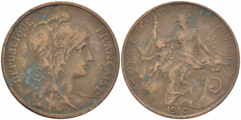 ФРАНЦИЯ 5 САНТИМОВ 1910 ТИП ДАНИЭЛЬ ДЮПЮИ KM 842, LE FRANC 119.22 бронза 108-925