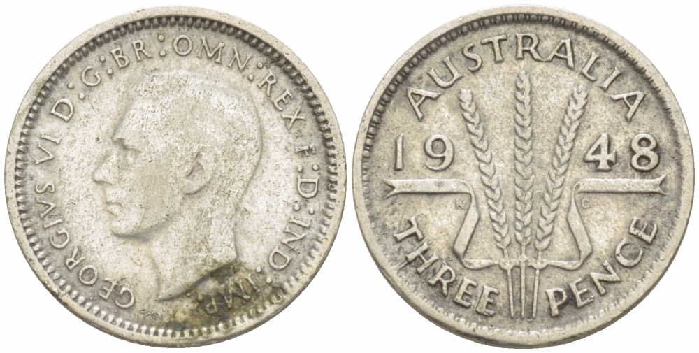 Австралия 3 пенса 1948 m, Георг VI (1937-1952), без букв KM 37a серебро 3955-438