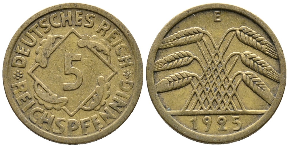ГЕРМАНИЯ 5 РЕЙХСПФЕННИГОВ 1925 E KM 39, J. 316 алюминиевая бронза 39-557
