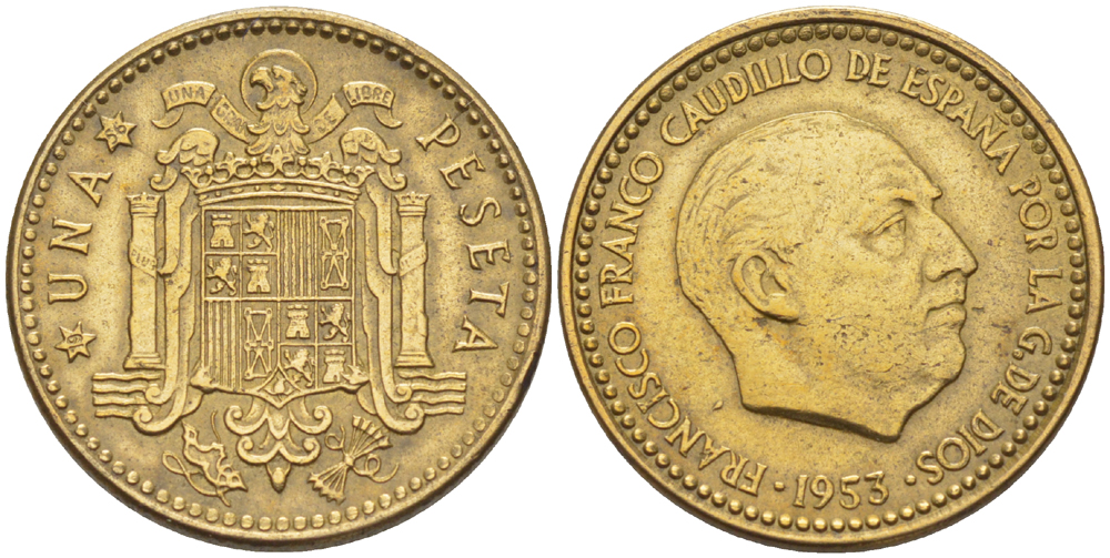 Испания 1 песета 1953 (56) Франциско Франко (1939-1975) KM 775 алюминиевая бронза 216-551
