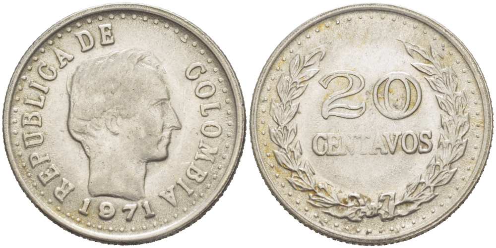 КОЛУМБИЯ 20 СЕНТАВО 1971 KM 245 сталь плакированная никелем 217-515