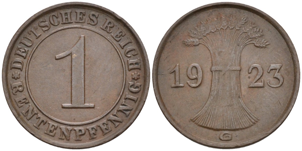 Германия 1 рентенпфенниг 1923 G KM 30, J.306, Weege 1 медь 4585-539