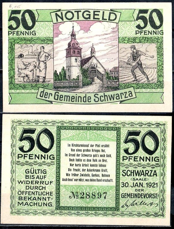 Шварца-ан-дер-Заале (Тюрингия) 50 пфеннигов 1921 Mehl Grabowski 1207-2/3 бумага UNC (пресс) 7556-60-2-1