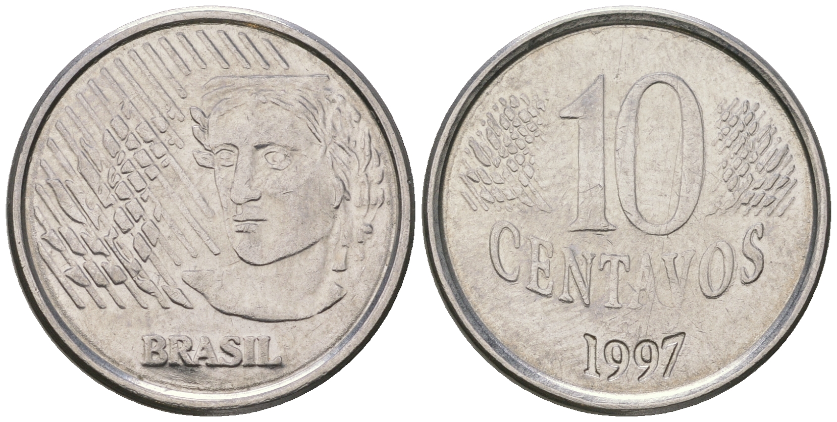 Бразилия 10 сентаво 1997 голова свободы KM 633 нержавеющая сталь 4641-336