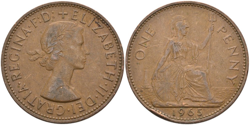 Великобритания 1 пенни 1965 Елизавета II (1952-2022) КМ 897, Spink 4157 бронза 4574-235