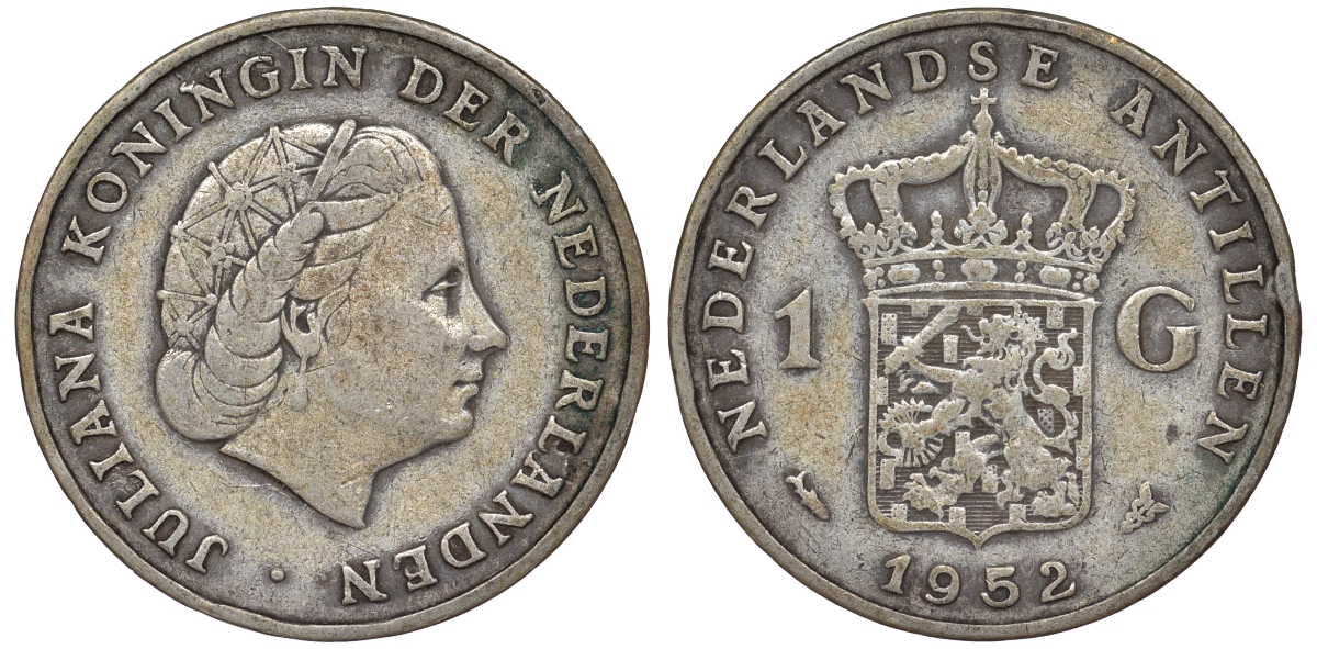 Нидерландские Антилы 1 гульден 1952 Юлиана (1948-1980) KM 2 серебро 36-1011