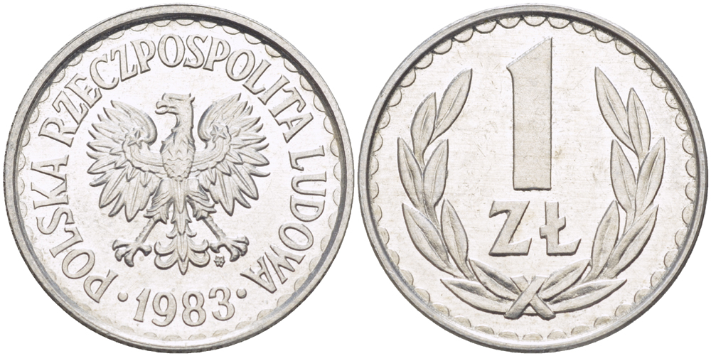 ПОЛЬША 1 ЗЛОТЫЙ 1983 MW, НАБОРНАЯ KM 49.1, Parchimowicz 213v алюминий 216-837