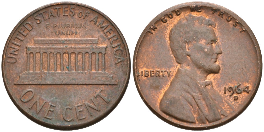 США 1 цент 1964 D, Линкольн KM 201 медь цинк 4564-436