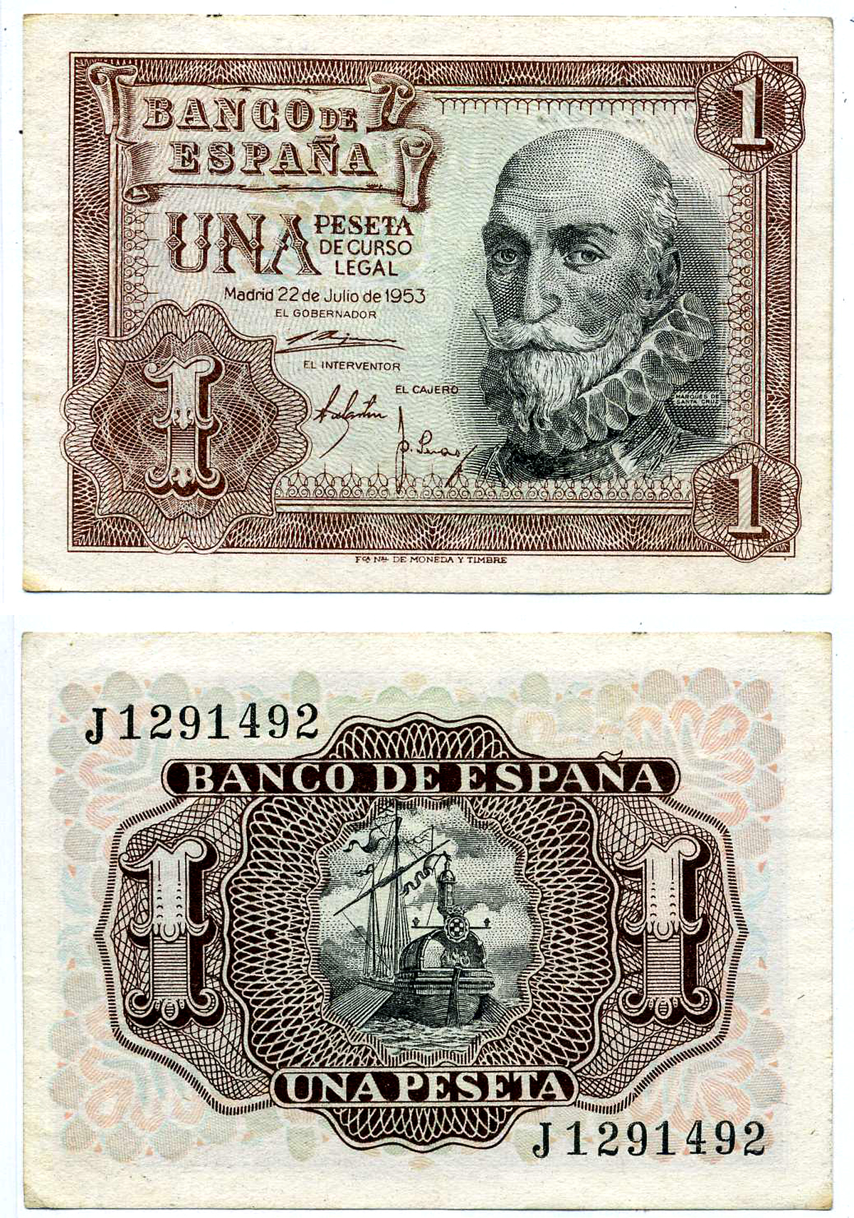 Испания 1 песета 1953 22 июля 1953, Мигель де Санта Круз Pick 144а бумага 7203-78-1-2