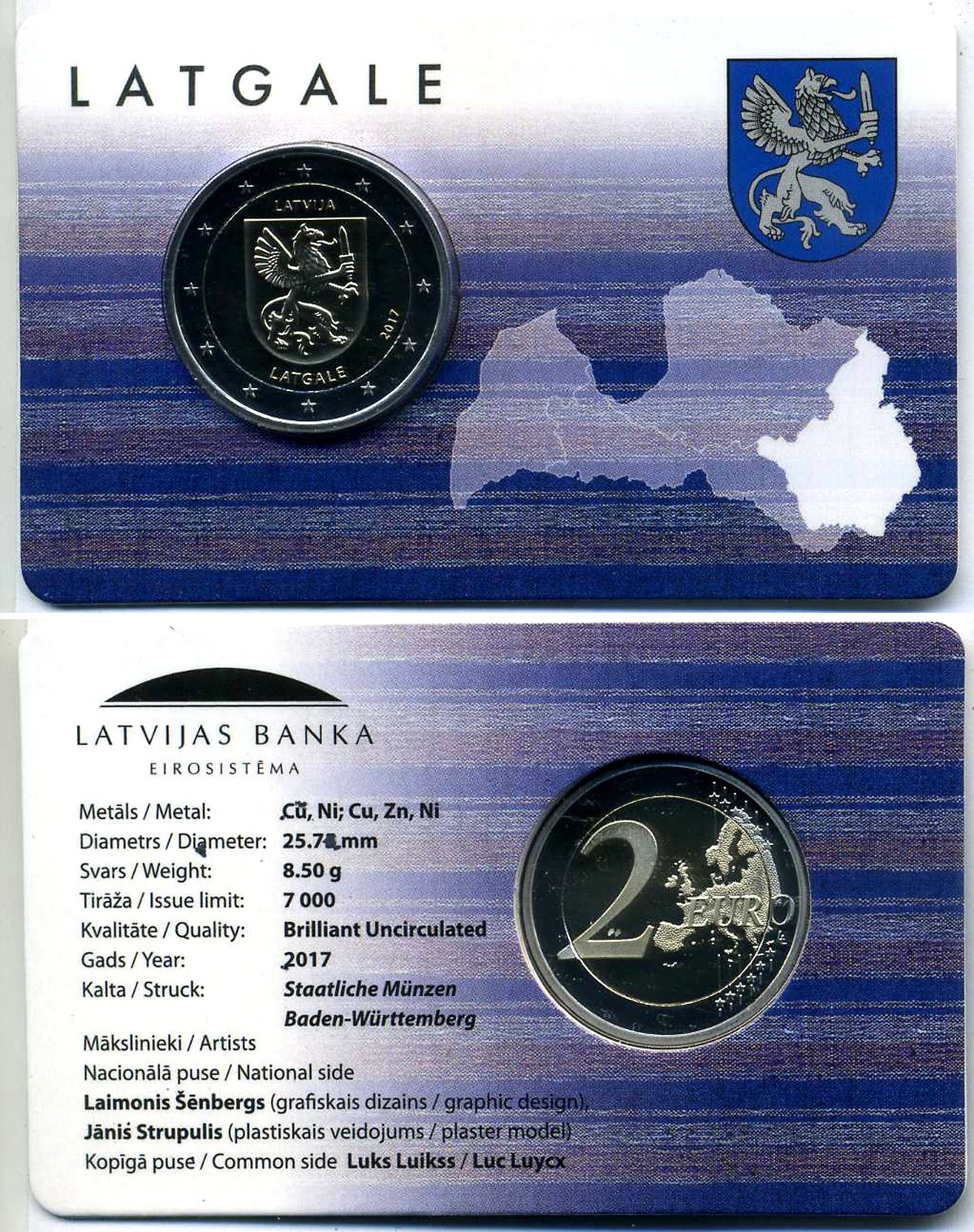 Латвия 2 евро 2017 исторические области Латвии - Латгалия, запайка, буклет KM 191 биметалл BUNC 00-000-00
