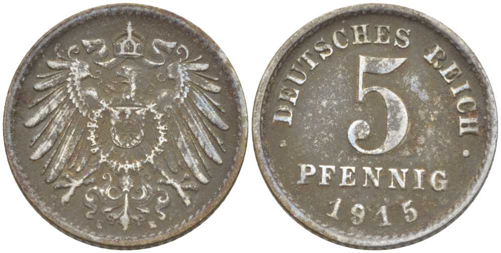 ГЕРМАНИЯ 5 ПФЕННИГОВ 1915 E KM 19, J. 297, Weege 5 железо 206-711