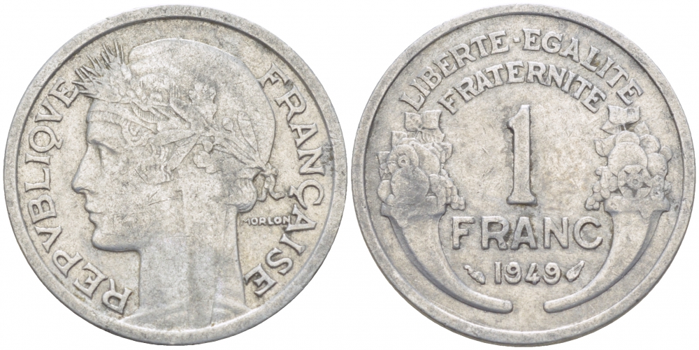 ФРАНЦИЯ 1 ФРАНК 1949 ТИП MORLON, LEGERE KM 885a 1, LE FRANC 221.15 алюминий 4402-1031