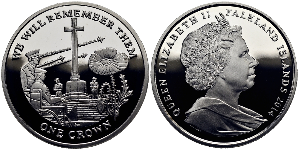 Фолклендские острова 1 крона 2014 в память героев первой мировой войны, военный мемориал Содружества KM 176a серебро  PROOF 1071-2-33