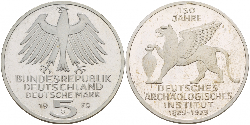 ФРГ 5 марок 1979 J, 150 лет со дня основания археологического института KM 150, J.425 серебро PROOF 00-00