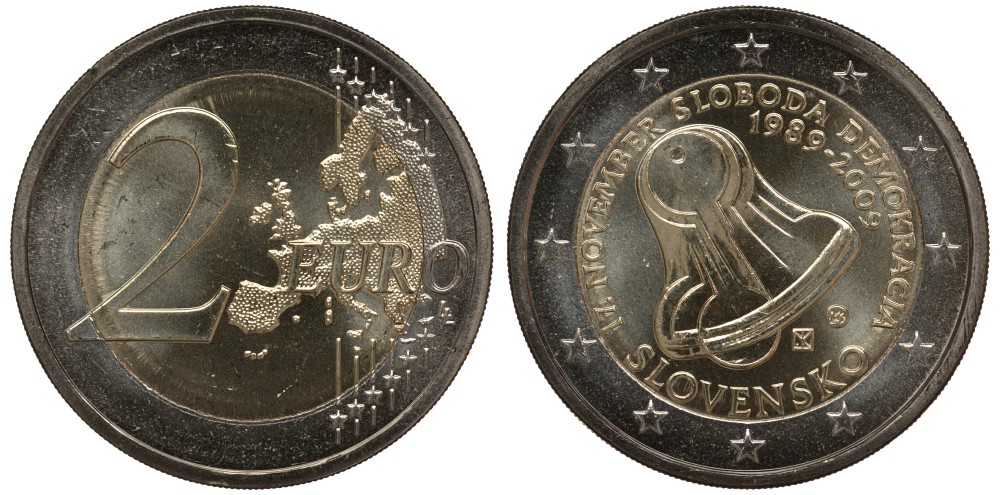 Словакия 2 евро 2009 20 лет Бархатной Революции, колокол KM 107 биметалл UNC M1-07