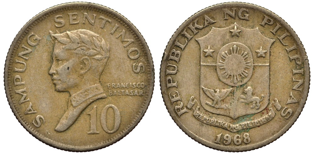 ФИЛИППИНЫ 10 СЕНТИМО 1968 ПОЭТ ФРАНСИСКО БАЛЬТАСАР KM 198 медь цинк никель F 4181-247