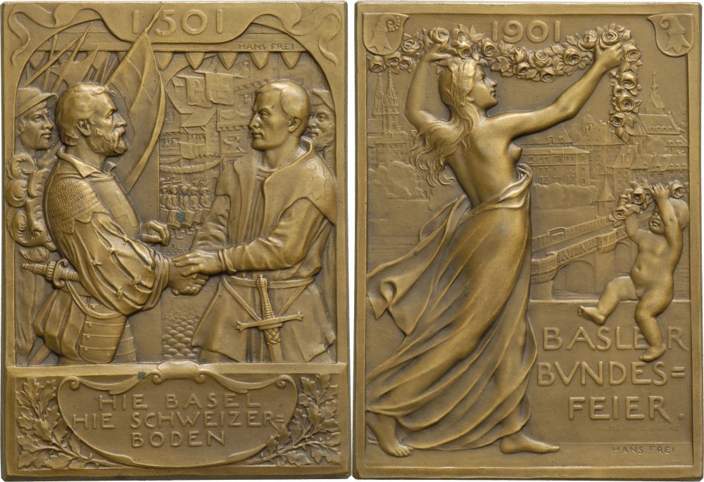 ШВЕЙЦАРИЯ ПЛАКЕТКА 1901 НА ПРАЗДНОВАНИЕ НАЦИОНАЛЬНОГО ДНЯ В БАЗЕЛЕ, ЭРОТИКА, 59 мм на 81,3 мм бронза 01-169-23
