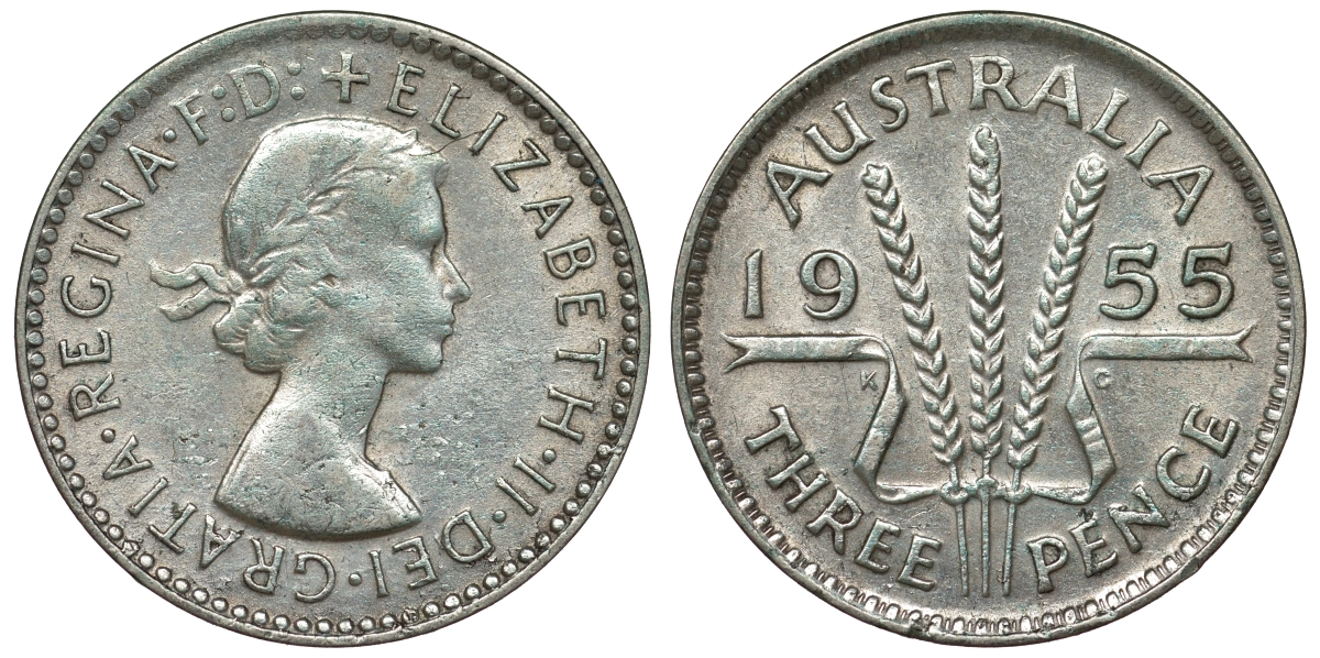 Австралия 3 пенса 1955 m, Елизавета II (1952-2022) KM 57 серебро 71-427