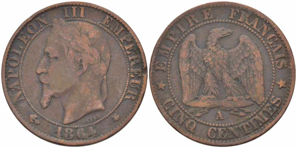 ФРАНЦИЯ 5 САНТИМОВ 1864 A, НАПОЛЕОН III (1852-1870) KM 777.1, LE FRANC 116.8 бронза 108-255