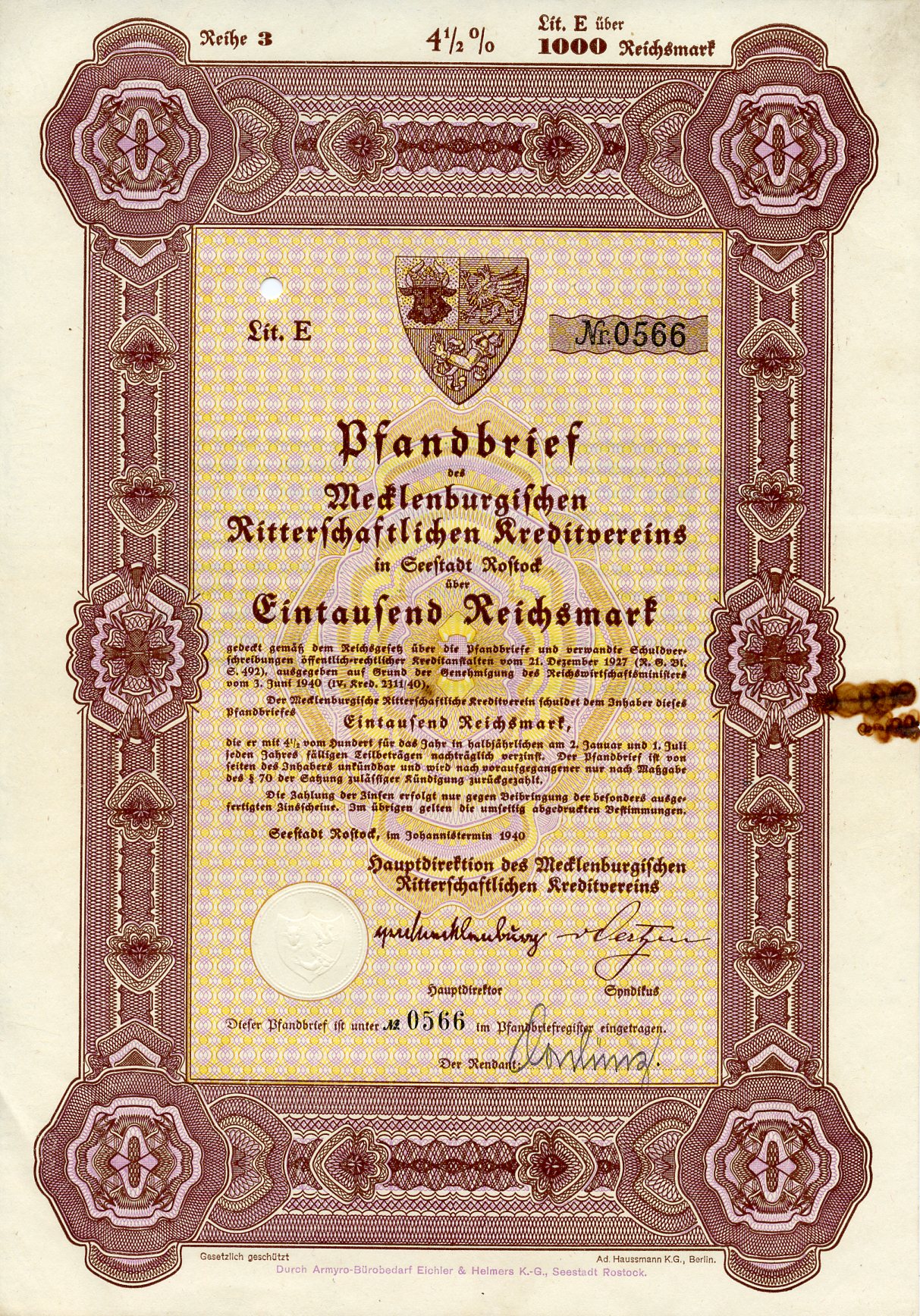 Германия 1000 рейхсмарок 1940 Мекленбургский рыцарский кредитный клуб, 4 1/2%   бумага   8804-87-1