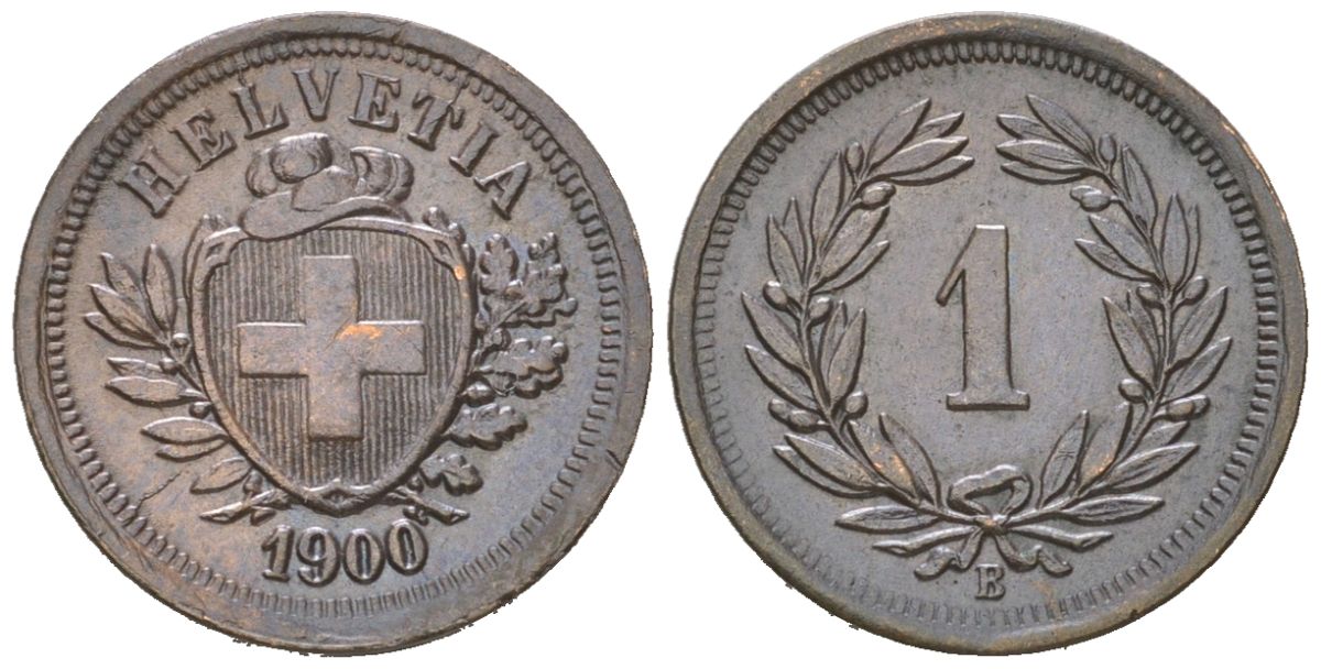 Швейцария 1 раппен 1900 B KM 3 бронза aUNC 4549-448