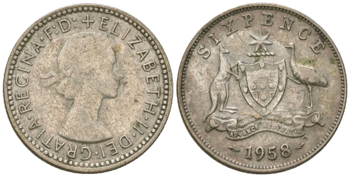 Австралия 6 пенсов 1958 m, Елизавета II (1952-2022) KM 58 серебро 4615-1019