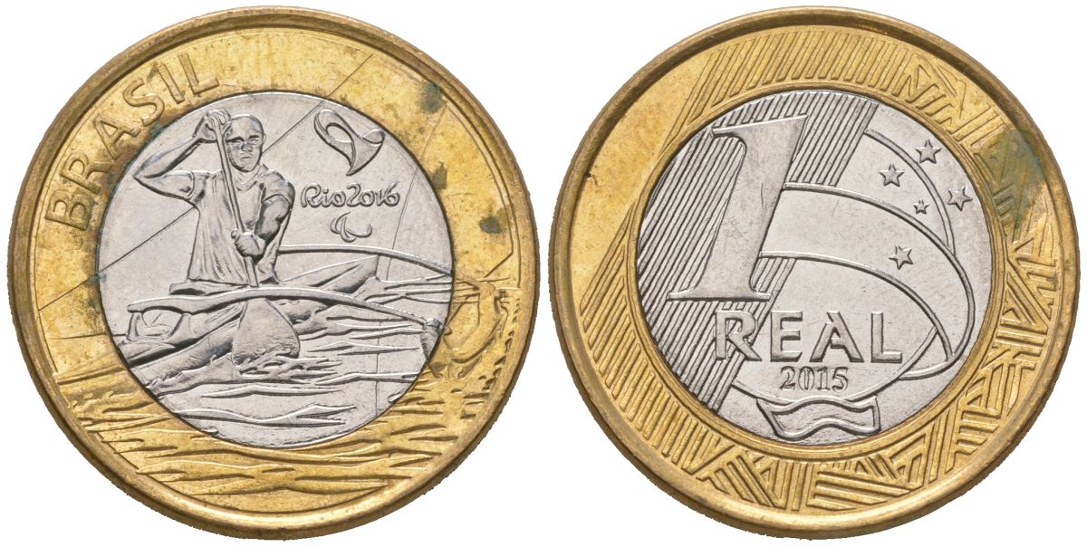 Бразилия 1 реал 2015 XV летние Паралимпийские игры, Рио-де-Жанейро 2016 - Параканоэ KM 706 биметалл UNC 4619-322