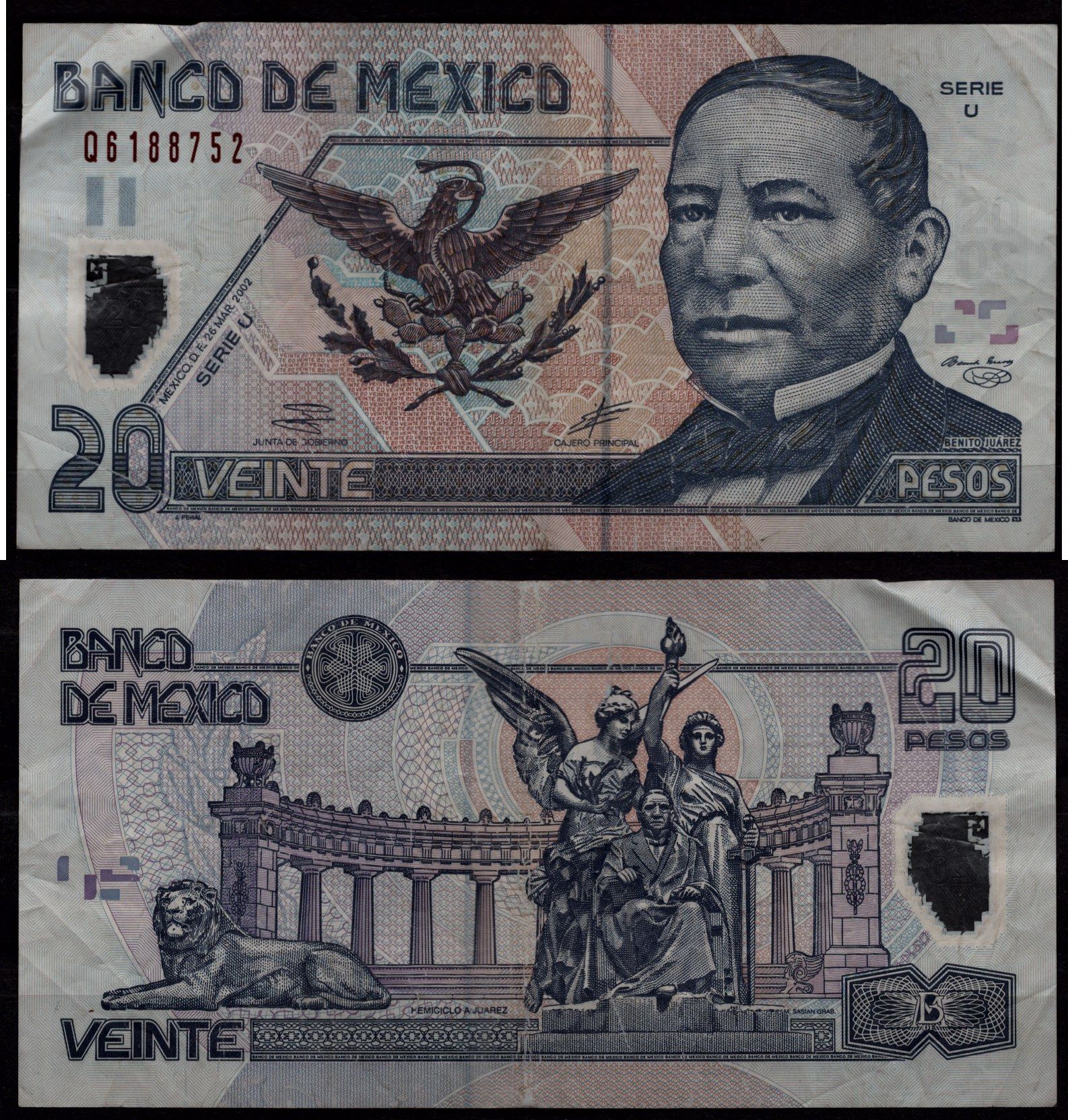 Мексика 20 песо 2002 Бенито Хуарес, хемицикл а Хуареса в Мехико Pick 116 c полимер 8604-1-2-1