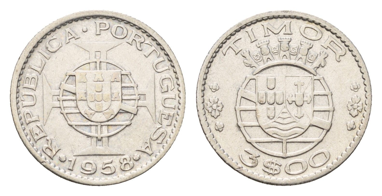 Португальский Тимор 3 эскудо 1958 год-тип KM 14 серебро 4669-814