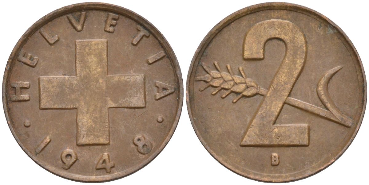 Швейцария 2 раппена 1948 В KM 47 бронза 4591-555