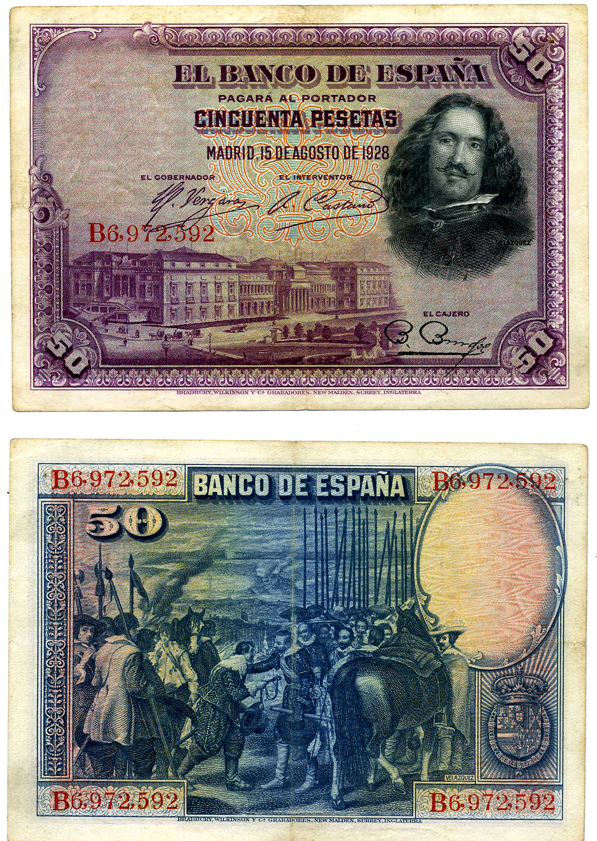 Испания 50 песет 1928 15 августа 1928, серия В, ДИЕГО ВЕЛАСКЕС, МУЗЕЙ ПРАДО В МАДРИДЕ Pick 75b  бумага  VF-XF 8603-19-2-1