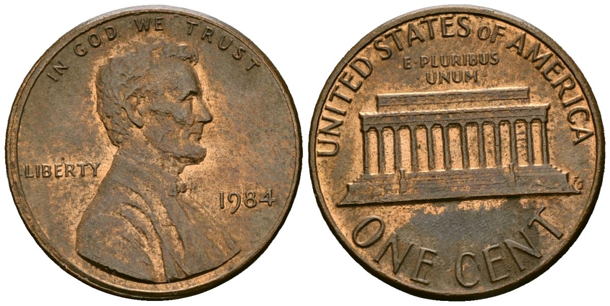 США 1 цент 1984 Линкольн KM 201b цинк плакированный медью 4136-254