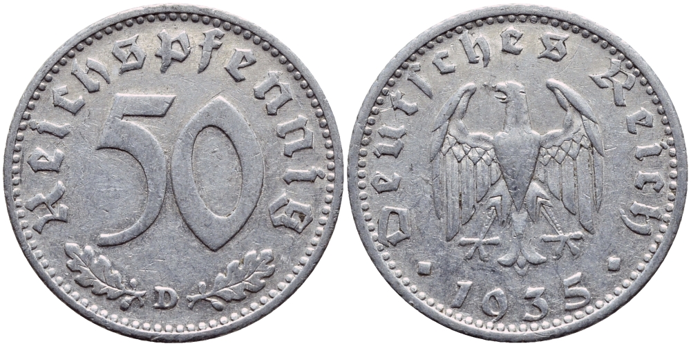 Германия 50 рейхспфеннигов 1935 D KM 87, J.368 алюминий 4391-1137