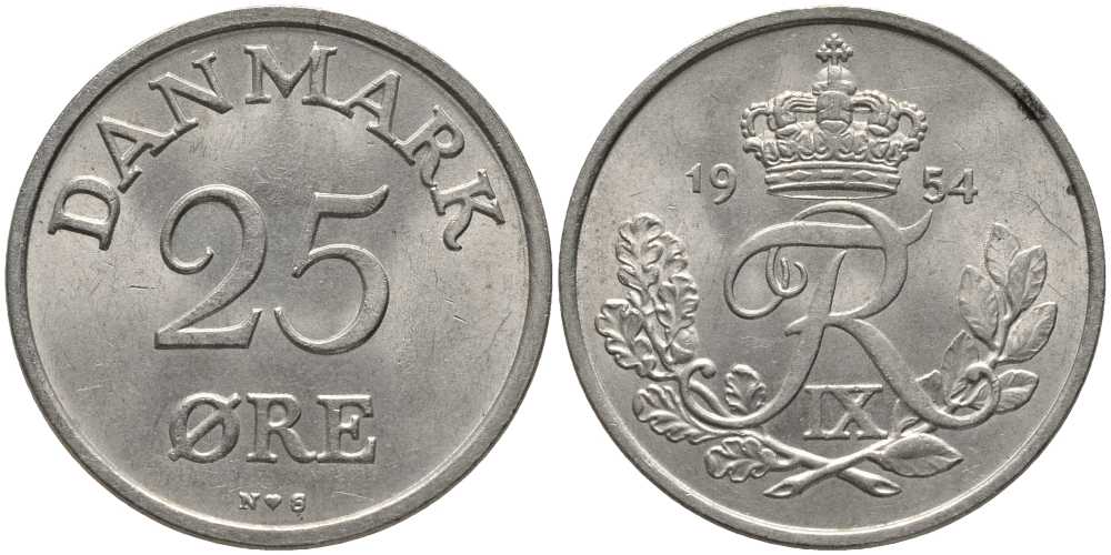 Дания 25 эре 1954 N; S, Фредерик IX (1947-1972) KM 842.1 медно-никель 175-716