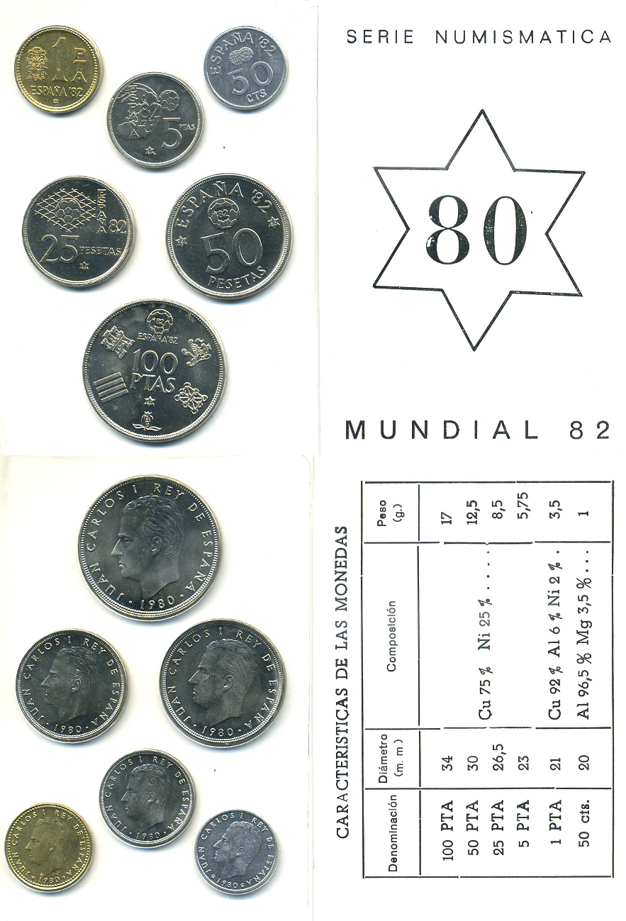 Испания официальный набор из 6 монет (50 сентимов; 1, 5, 25, 50 и 100 песет) 1980 чемпионат мира по футболу в Испании 1982 года KM MS11 (815, 816, 817, 818, 819 и 820)  UNC 1-5-2-08