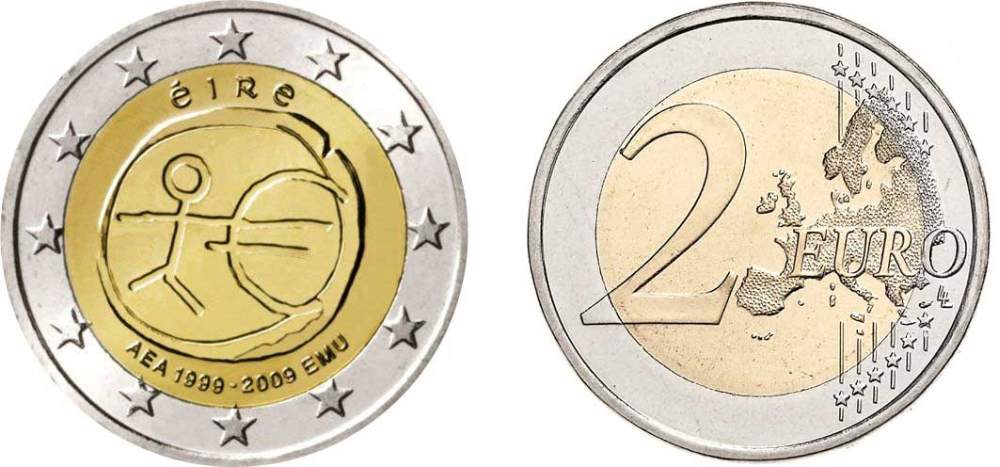 Ирландия 2 евро 2009 10 лет монетарной политики и введения евро KM 62 биметалл UNC M45-02
