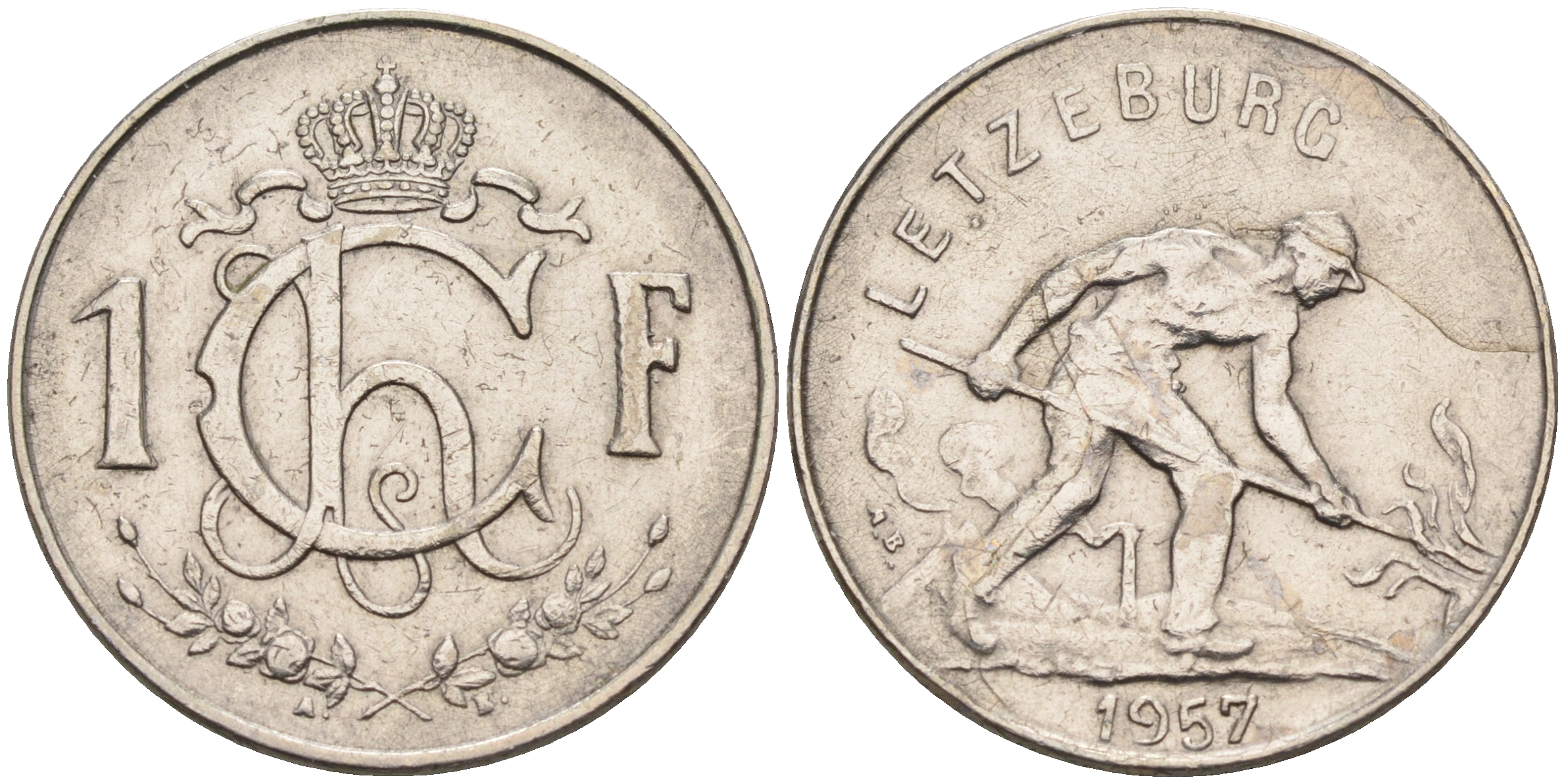 Люксембург 1 франк 1957 сталевар KM 46.2 медно-никель    4142-432