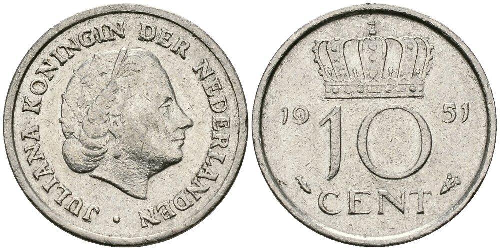 Нидерланды 10 центов 1951 Юлиана (1949-1980) KM 182 никель 96-363