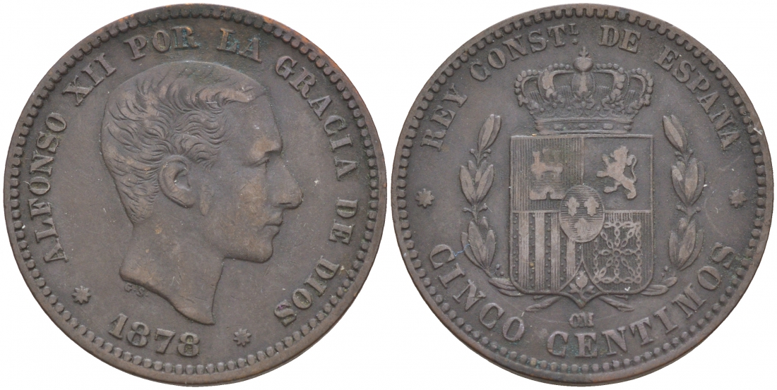 ИСПАНИЯ 5 СЕНТИМО 1878 ОМ, АЛЬФОНСО XIII KM 674 бронза 186-121