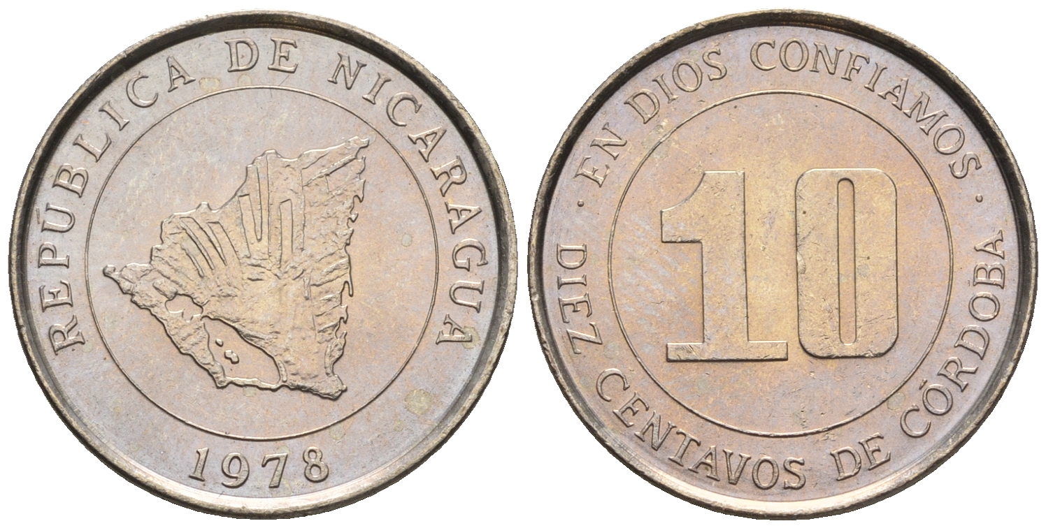 Никарагуа 10 сентаво 1978 карта страны KM 31 медно-никель  UNC  220-1227