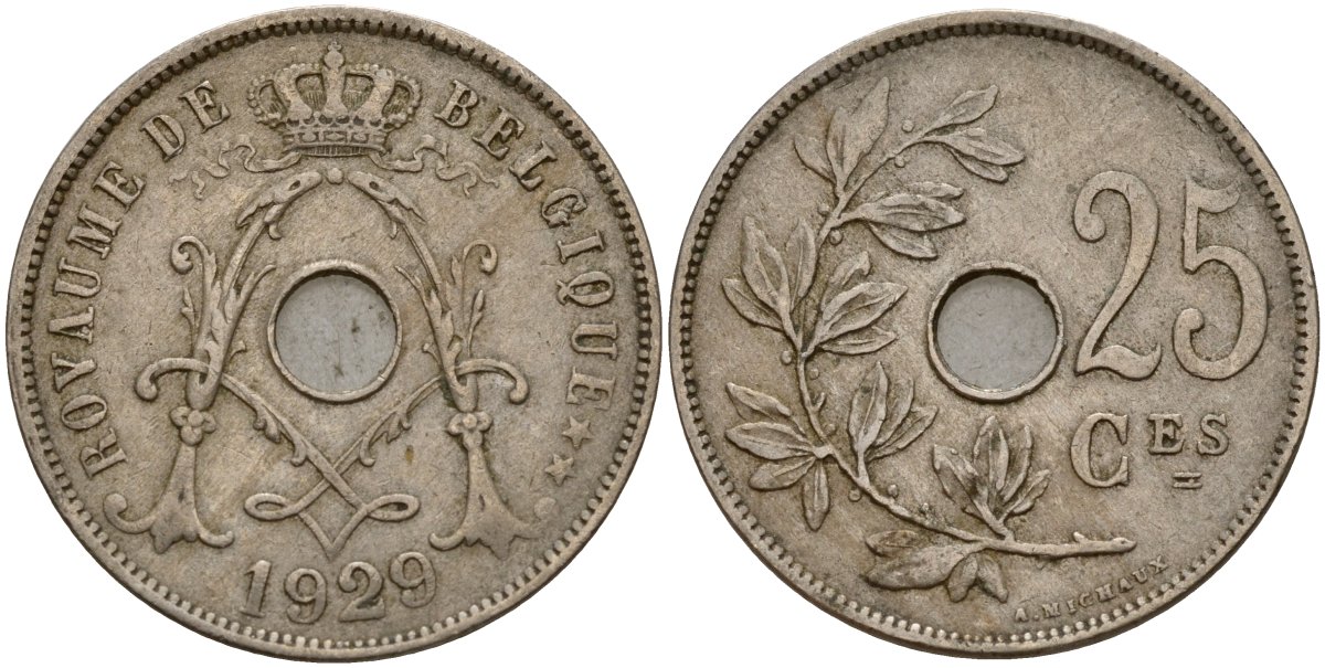 Бельгия 25 сантимов 1929 Royaume de Belgique KM 68 медно-никель 4187-937